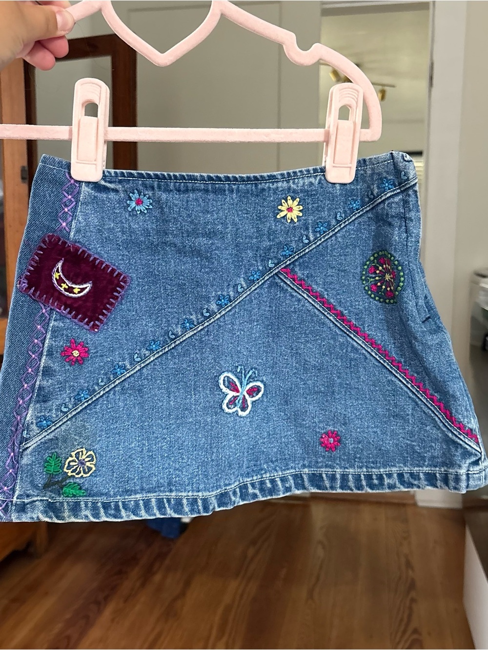 Vintage girls patchwork boho Embroidered Denim Mini Skirt - Blue